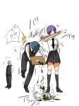  !? ... 1girl 2boys black_skirt coffee falling hair_over_one_eye hitting holding kaneki_ken kirishima_touka leaning_forward multiple_boys necktie old_man pants pleated_skirt purple_hair short_hair simple_background skirt teapot ten_(11742872) tokyo_ghoul tray vest waiter waitress white_background yoshimura_(tokyo_ghoul) 