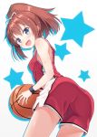  1girl basketball basketball_uniform blush brown_hair hyuuga_azuri long_hair open_mouth original ponytail smile solo sportswear star 