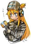  1girl blonde_hair blue_eyes character_request copyright_request cosplay dead_space headphones helmet isaac_clarke isaac_clarke_(cosplay) long_hair power_armor sachito simple_background solo turn_pale upper_body white_background 