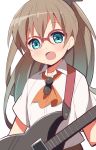  1girl 9law :d aqua_eyes bespectacled brown_hair electric_guitar glasses guitar instrument kantai_collection kumano_(kantai_collection) long_hair looking_at_viewer open_mouth simple_background smile solo white_background 