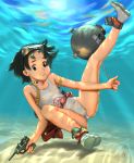  1girl black_hair brown_eyes diving_mask diving_mask_on_head gun highres kantai_collection maru-yu_(kantai_collection) sawanoya school_swimsuit short_hair swimsuit weapon white_school_swimsuit white_swimsuit 