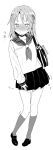  1girl bag blush commentary_request embarrassed idolmaster idolmaster_cinderella_girls kneehighs monochrome orzrkrk sailor_dress skirt white_background yuuki_haru 