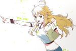  1girl ahoge artist_name blonde_hair bracelet character_name green_eyes hoshii_miki idolmaster jewelry long_hair looking_at_viewer midriff navel necklace open_mouth overexposure pointing rod4817 solo star 