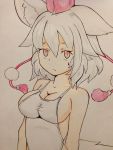 1girl absurdres animal_ears bare_shoulders breasts cleavage collarbone fang hat highres inubashiri_momiji large_breasts looking_at_viewer one-piece_swimsuit red_eyes short_hair silver_hair solo swimsuit tail tokin_hat touhou traditional_media white_swimsuit wolf_ears wolf_tail 
