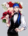 1boy blue_hair bouquet earrings fate/hollow_ataraxia fate/stay_night fate_(series) flower hand_on_hip jewelry lancer long_hair mayuki_(ubiquitous) ponytail red_eyes solo vest waistcoat 