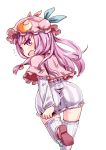  ass blush boots dress dress_tug from_behind hat long_hair looking_back open_mouth patchouli_knowledge purple_hair running short_dress thigh-highs touhou violet_eyes zettai_ryouiki 