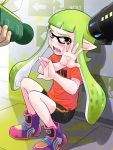  1girl against_wall bike_shorts covering_face crying crying_with_eyes_open ctrl-z eyebrows fangs flat_chest full_body green_hair gun_to_head hands_up highres inkling long_hair mask orange_eyes payot pointy_ears shoes sneakers splatoon super_soaker t-shirt tears tentacle_hair twintails 