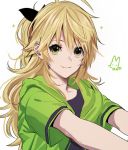  1girl ahoge artist_name bow green_eyes hair_bow hoshii_miki idolmaster looking_at_viewer lowres ponytail rod4817 smile solo 