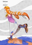  1girl :p akanbe artist_request blue_eyes boots cosplay from_behind fusion inkling long_hair looking_back nintendo orange_hair paint_splatter pauldrons princess_zelda running solo splatoon tentacle_hair the_legend_of_zelda tiara tongue tongue_out twintails 