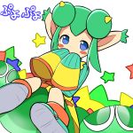  1girl blob blue_eyes copyright_name double_bun green_hair highres horns makuran pointy_ears puyo_(puyopuyo) puyopuyo puyopuyo_fever rider_(puyopuyo) shoes short_hair sitting skirt sleeves_past_wrists solo star white_background 