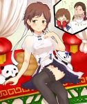  1girl alternate_costume black_legwear blush breasts brown_eyes brown_hair chinese_clothes covering_eyes embarrassed garters headband hibiki_dan kanii_(koukaku-rui) kasugano_sakura panda see-through short_hair sitting solo_focus street_fighter thigh-highs zettai_ryouiki 