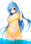  1girl bare_shoulders blue_hair blush breasts cleavage dress hair_ribbon large_breasts long_hair looking_at_viewer original red_eyes ribbon smile solo sorolp wading water wet wet_clothes yellow_dress 