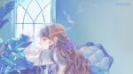  1girl allsinbad bangs blue_eyes brown_hair chinese_commentary cigarette commentary_request earrings ears fors_wall highres indoors jewelry long_hair lord_of_the_mysteries plant purple_neckwear resting ribbon seat signature smoke_trail smoking solo table wall window 