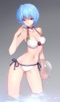  1girl ayanami_rei ball beachball bikini blue_hair breasts cleavage light_smile matsuki_ringo navel neon_genesis_evangelion red_eyes short_hair side-tie_bikini solo swimsuit water wet_hair white_bikini white_swimsuit 