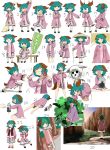  1girl absurdres ameyu animal_ears back barefoot blush broom character_doll character_sheet chibi closed_eyes clover crying dress dress_lift eating fighting_stance four-leaf_clover green_eyes green_hair heart highres kasodani_kyouko long_sleeves looking_at_viewer looking_back lying multiple_persona nazrin on_stomach one_eye_closed open_mouth pink_dress scared scarf short_hair simple_background sitting smile socks tail tears touhou white_background white_legwear 