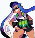  1girl backpack bag bared_teeth baseball_cap bike_shorts blue_hair commentary dark_skin fang green_eyes grenade_launcher hat inkling long_hair mask pointy_ears running saane shoes sneakers solo splatoon t-shirt tentacle_hair weapon 