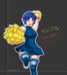  1girl arm_up armpits bare_shoulders blue_eyes blue_hair blue_legwear blush boots breasts cheering cheerleader ciel dress english highres looking_at_viewer oceanbellereine open_mouth pom_poms skirt solo tattoo thigh-highs tsukihime zettai_ryouiki 