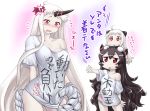  ahoge alternate_costume black_hair blush claws flying_sweatdrops gameplay_mechanics hase_yu horn horns isolated_island_oni kantai_collection long_hair mittens northern_ocean_hime person_on_head red_eyes seaport_hime shinkaisei-kan sweat t-shirt translation_request very_long_hair white_hair white_skin 