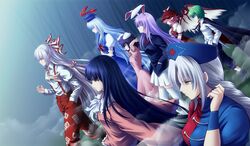  6+girls animal_ears antennae arms_behind_head bamboo bamboo_forest bird_wings black_hair blazer blue_dress bow braid cape closed_eyes dress fog forest fujiwara_no_mokou green_eyes green_hair hair_bow hair_ornament hair_ribbon hand_in_pocket hands_in_pockets hat hijikawa_arashi hime_cut houraisan_kaguya imperishable_night inaba_tewi juliet_sleeves kamishirasawa_keine long_hair long_sleeves multiple_girls mystia_lorelei nature neckerchief nurse_cap pants pink_dress pink_hair pleated_skirt puffy_short_sleeves puffy_sleeves purple_hair rabbit_ears red_eyes reisen_udongein_inaba ribbon shirt short_sleeves silver_hair skirt suspenders thigh-highs touhou tress_ribbon very_long_hair white_legwear wide_sleeves wings wriggle_nightbug yagokoro_eirin yellow_eyes zettai_ryouiki 