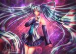  axsen blue_eyes blue_hair blurry detached_sleeves frilled hand_on_own_chest hatsune_miku headset long_hair necktie signature skirt twintails very_long_hair vocaloid watermark web_address 