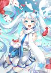  1girl blue_eyes boots detached_sleeves feathers hatsune_miku long_hair looking_at_viewer maronie. mittens necktie scarf skirt sleeveless solo thigh-highs thigh_boots twintails very_long_hair vocaloid white_hair white_skirt yuki_miku 