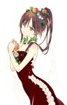  1girl brown_eyes brown_hair dress flower from_side head_wreath holding holding_flower jewelry looking_at_viewer lp_(hamasa00) necklace original ponytail red_dress red_rose rose sleeveless sleeveless_dress smile solo white_rose 