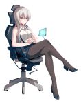  1girl 40hara character_request crossed_legs long_hair pantyhose silver_hair simple_background sitting sleeveless solo violet_eyes 