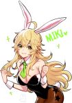  1girl ahoge animal_ears artist_name bunny_girl bunny_tail bunnysuit character_name detached_collar fishnets green_eyes grin hoshii_miki idolmaster long_hair necktie rabbit_ears rod4817 smile solo tail white_background wrist_cuffs 