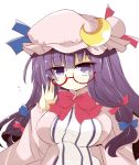  1girl bell crescent_hair_ornament glasses hair_bell hair_ornament hat highres long_hair patchouli_knowledge purple_hair red-framed_glasses shirogane_(platinum) solo touhou violet_eyes 