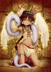 1girl absurdres armlet artist_request blush brown_hair cross-laced_footwear dark_skin full_body hair_ornament hair_tubes highres jewelry kneeling looking_at_viewer mayan_hieroglyphs midriff navel necklace no_panties sandals scan skirt small_breasts smile snake solo thigh_strap wings yellow_eyes 