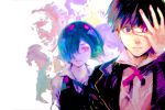  1boy 1girl black_eyes black_hair blue_hair colorful hair_over_one_eye hand_on_own_face ishida_sui kamishiro_rize kaneki_ken kirishima_touka nagachika_hideyoshi pink_eyes short_hair tokyo_ghoul tsukiyama_shuu upper_body vest yomo_renji yoshimura_(tokyo_ghoul) 