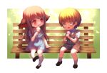  1boy 1girl :3 :d :p animal_ears arm_support bench blonde_hair blush brown_eyes brown_hair chibi child dress food happy ice_cream ice_cream_cone loafers necktie nishizawa open_mouth original red_eyes shoes short_sleeves shorts sitting smile socks tears tongue tongue_out vest 