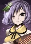  1girl biwa_lute brown_eyes hair_ornament harusame_(unmei_no_ikasumi) instrument lute_(instrument) musical_note purple_hair smile solo touhou tsukumo_benben upper_body 