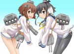  2girls :d aiming_at_viewer binoculars black_eyes black_hair black_legwear brown_eyes brown_hair gradient gradient_background gradient_hair interlocked_fingers kantai_collection leaning_forward long_sleeves looking_at_viewer machinery multicolored_hair multiple_girls neckerchief open_mouth sailor_collar sailor_dress seamed_legwear short_hair short_hair_with_long_locks side-seamed_legwear sleeves_past_wrists smile taishi_(moriverine) thigh-highs tokitsukaze_(kantai_collection) yukikaze_(kantai_collection) 