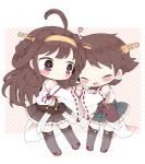  2girls ahoge bare_shoulders brown_hair chibi closed_eyes detached_sleeves double_bun green_skirt heart hiei_(kantai_collection) holding_hands kantai_collection kongou_(kantai_collection) kyou_(nekoneko) long_hair long_sleeves multiple_girls nontraditional_miko open_mouth pleated_skirt short_hair skirt smile wide_sleeves 