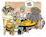  3boys blonde_hair brown_hair card card_game cowboy_hat gyro_zeppeli hat johnny_joestar jojo_no_kimyou_na_bouken leopard_print mountain_tim multiple_boys playing_card poker_chips steel_ball_run tanaka_kaori tiger_print 