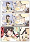  !? /\/\/\ 1boy 2girls admiral_(kantai_collection) apple black_hair blonde_hair braid comic crop_top cup food food_in_mouth fruit hair_over_shoulder hairband highres kantai_collection kitakami_(kantai_collection) long_hair long_sleeves military military_uniform multiple_girls open_mouth plate school_uniform serafuku shimakaze_(kantai_collection) single_braid sparkle sweat teacup translation_request triangle_mouth uniform yume_no_owari 
