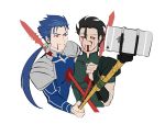  ahoge black_hair blood blood_in_mouth blue_hair cellphone fate/stay_night fate/zero fate_(series) gae_bolg gae_buidhe gae_dearg impaled iphone lancer lancer_(fate/zero) mabaem mole parody phone polearm ponytail red_eyes red_sclera selfie_stick smartphone spear spoilers weapon yellow_eyes 
