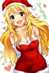  1girl arms_behind_back blonde_hair breasts cleavage dress elbow_gloves gloves green_eyes hat heart hoshii_miki idolmaster large_breasts long_hair looking_at_viewer open_mouth restaint saliva santa_hat solo strapless_dress translated 