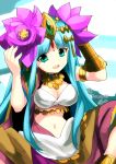 1girl armlet blue_eyes blue_hair breasts circlet cleavage facial_mark flower forehead_mark hair_flower hair_ornament hands_on_headwear jewelry long_hair lotus navel necklace open_mouth parvati_(p&amp;d) puzzle_&amp;_dragons solo twitter_username yamanashi_taiki 