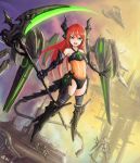  gauntlets green_eyes highres horns long_hair mecha_musume midriff open_mouth original redhead scythe space_craft tail 