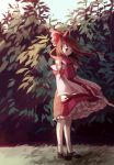  1girl armband backlighting black_shoes blue_sky bow brown_eyes brown_hair bush clouds detached_sleeves expressionless frilled_skirt frills gohei grass hair_bow hair_tubes hakurei_reimu long_hair looking_down red_skirt shoes silence_girl skirt sky sleeveless socks solo standing touhou wind 