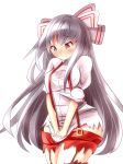  1girl blush breasts commentary_request covering covering_crotch fujiwara_no_mokou large_breasts long_hair oimo_(imoyoukan) pants puffy_short_sleeves puffy_sleeves red_eyes see-through shirt short_sleeves silver_hair solo suspenders thighs torn_clothes torn_pants torn_shirt touhou very_long_hair wavy_mouth 