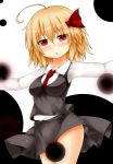  1girl ahoge black_skirt blonde_hair blush bow breasts darkness dress_shirt fang hair_bow hair_ribbon highres looking_at_viewer necktie open_mouth outstretched_arms red_eyes revision ribbon rumia shirt short_hair simple_background skirt solo standing touhou us2s vest white_shirt wing_collar 
