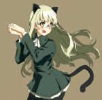  1girl :d animal_ears black_legwear blonde_hair brown_background cat_ears cat_tail cravat hands_clasped long_hair long_sleeves military military_uniform open_mouth pantyhose perrine_h_clostermann shiratama_(hockey) simple_background smile solo strike_witches tail uniform yellow_eyes 