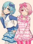  :o blue_eyes blue_hair character_request copyright_request dorothy_west kippu leona_west one_eye_closed pantyhose pink_eyes pink_hair puri_para short_hair simple_background smile 