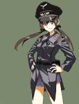 1girl black_ribbon brown_eyes brown_hair gertrud_barkhorn green_background hair_ribbon hands_on_hips hat long_hair long_sleeves looking_at_viewer military military_uniform peaked_cap ribbon shiratama_(hockey) simple_background smile solo strike_witches twintails uniform 