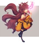  1girl animal_ears bare_shoulders brown_hair inukami_shino kuromiya long_hair original red_eyes solo tail thigh-highs 