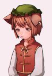  1girl animal_ears brown_eyes brown_hair cat_ears chen chromatic_aberration hat highres jewelry long_sleeves looking_at_viewer mob_cap portrait ryonma shirt short_hair simple_background single_earring solo touhou upper_body vest 
