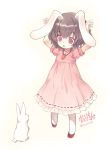  1girl animal_ears arms_up black_hair carrot dress hibanar highres inaba_tewi jewelry necklace open_mouth pendant pink_dress pink_eyes pose puffy_sleeves rabbit rabbit_ears short_hair solo touhou 